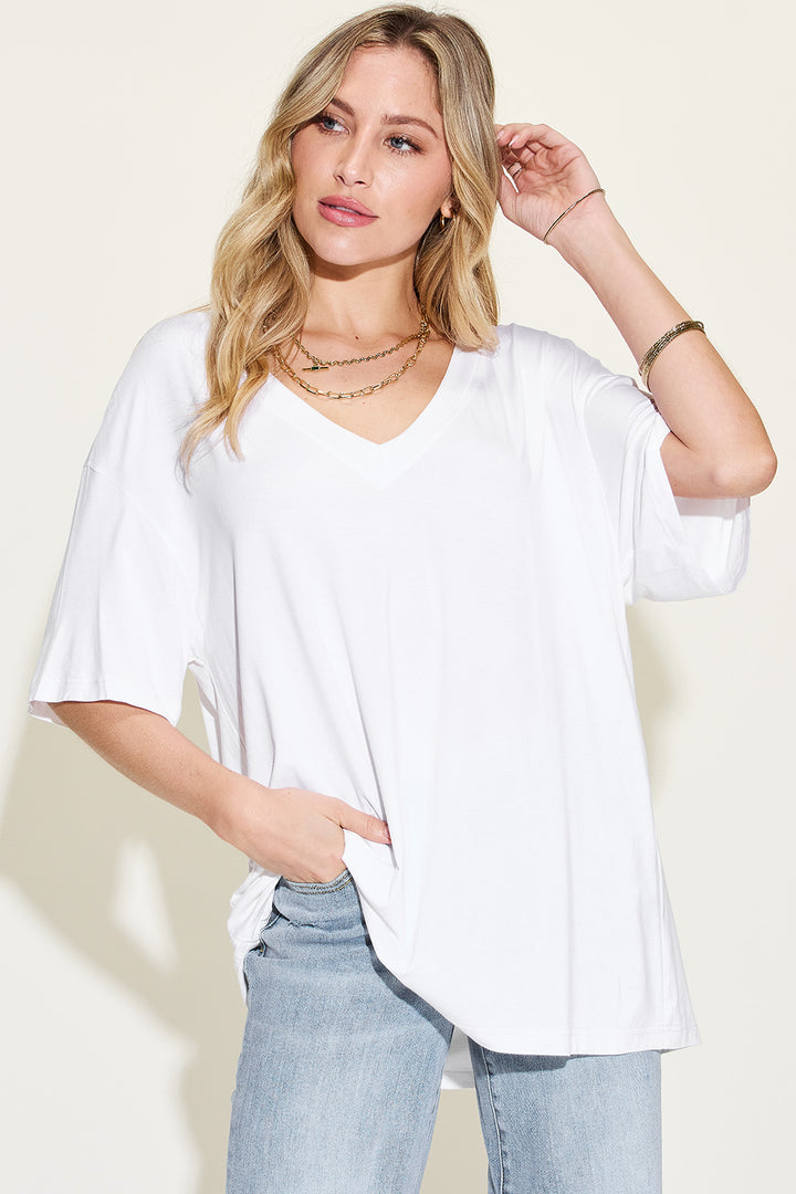 Basic Bae Bamboo V-Neck Drop Shoulder T-Shirt-Trendsi-White-S-[option4]-[option5]-[option6]-[option7]-[option8]-Shop-Boutique-Clothing-for-Women-Online