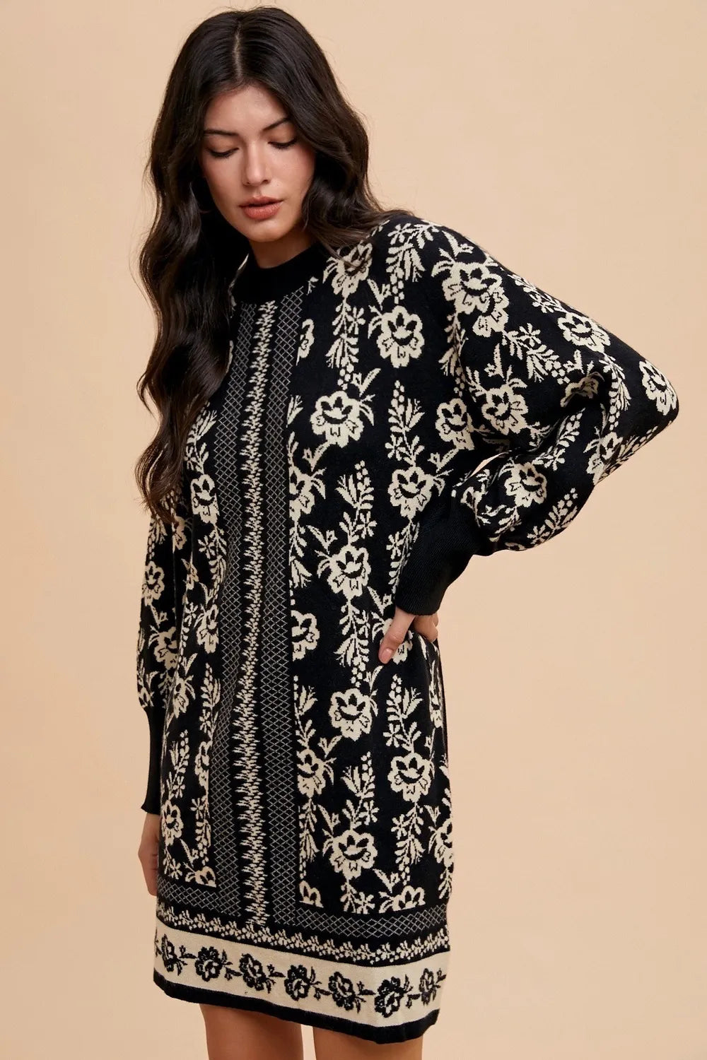 Annie Wear Floral Jacquard Round Neck Sweater Dress-Dresses-Trendsi-[option4]-[option5]-[option6]-[option7]-[option8]-Shop-Boutique-Clothing-for-Women-Online