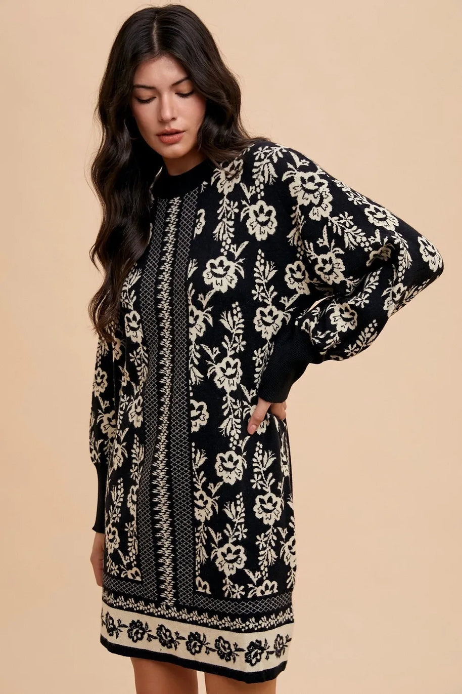 Annie Wear Floral Jacquard Round Neck Sweater Dress-Dresses-Trendsi-[option4]-[option5]-[option6]-[option7]-[option8]-Shop-Boutique-Clothing-for-Women-Online