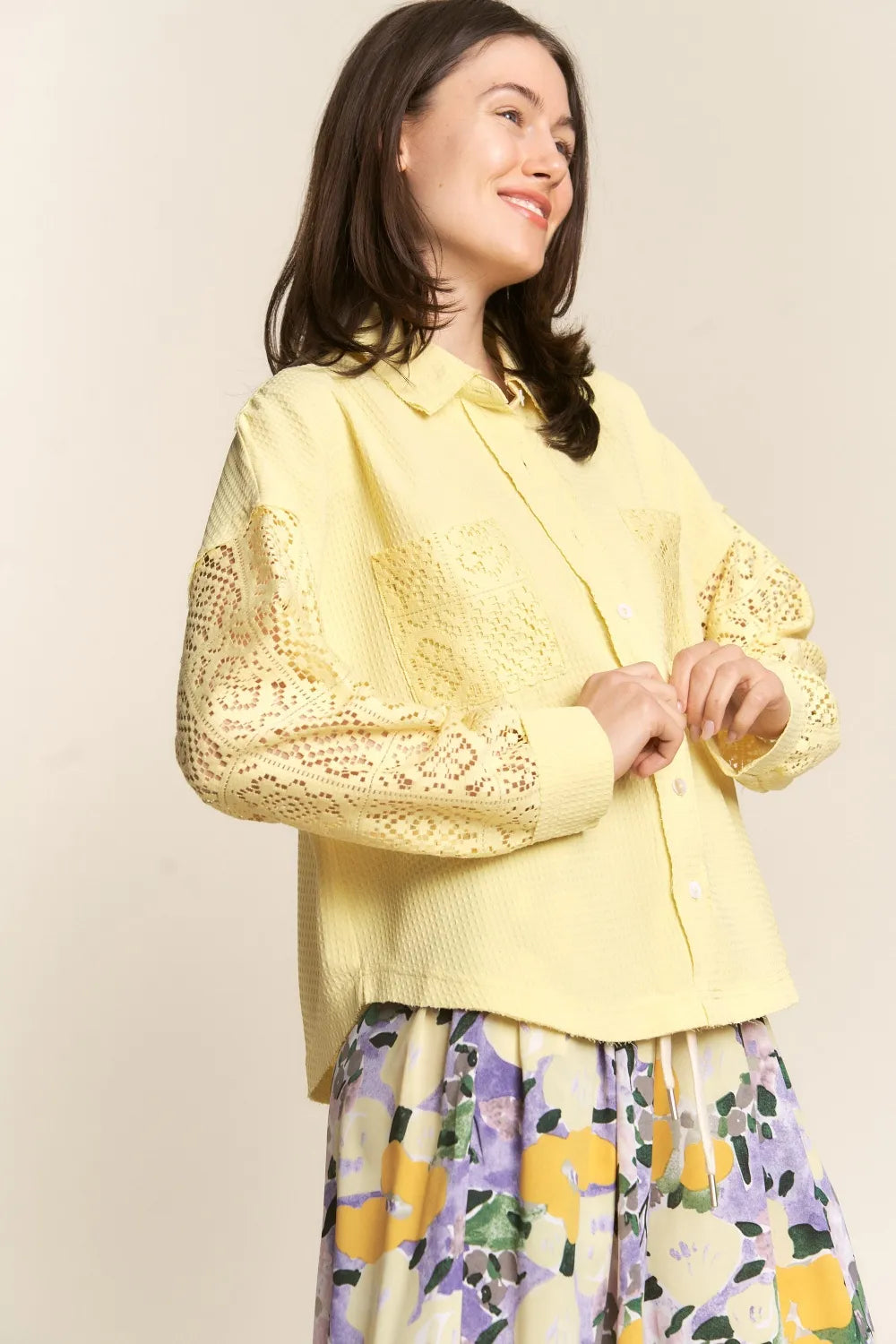 J.NNA Button Down Lace Long Sleeve Waffle Shirt-Blouses-Trendsi-[option4]-[option5]-[option6]-[option7]-[option8]-Shop-Boutique-Clothing-for-Women-Online
