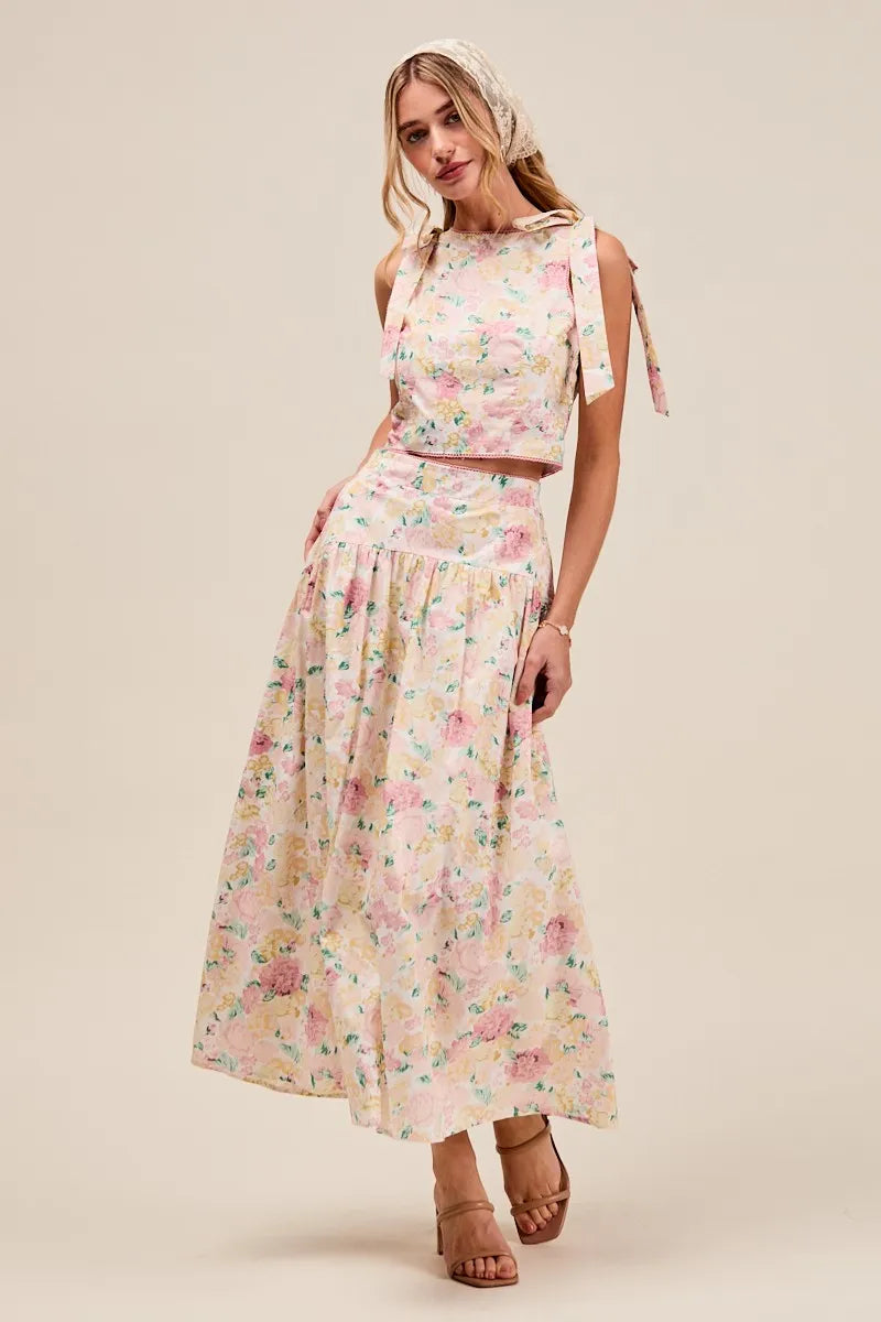 SO ME Floral Printed Woven Shoulder Bow Tie Top and Skirt Set-Dresses-Trendsi-[option4]-[option5]-[option6]-[option7]-[option8]-Shop-Boutique-Clothing-for-Women-Online