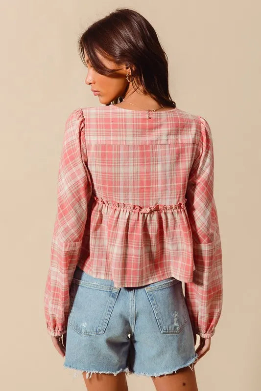 SO ME Front Tie Checkered Plaid Blouse-Blouses-Trendsi-[option4]-[option5]-[option6]-[option7]-[option8]-Shop-Boutique-Clothing-for-Women-Online