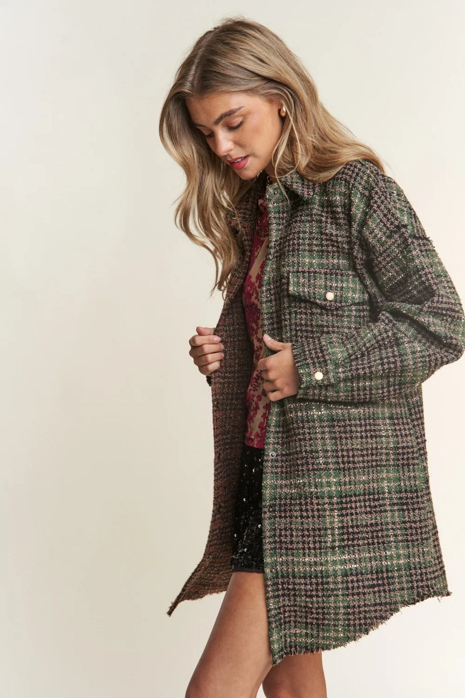 J.NNA Snap Down Tweed Plaid Contrast Longline Shacket-Womens Outerwear/Shacket-Trendsi-[option4]-[option5]-[option6]-[option7]-[option8]-Shop-Boutique-Clothing-for-Women-Online