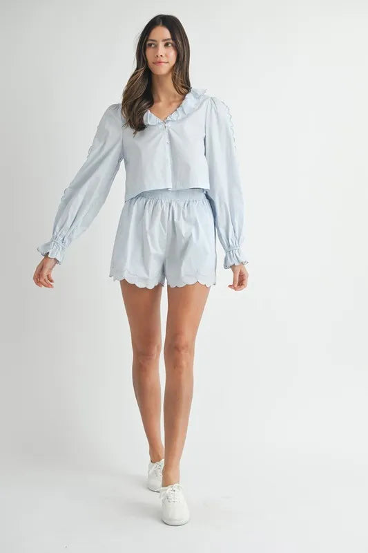 MABLE Long Sleeve Scallop Blouse and Shorts Set-Two Piece Shorts Sets-Trendsi-[option4]-[option5]-[option6]-[option7]-[option8]-Shop-Boutique-Clothing-for-Women-Online