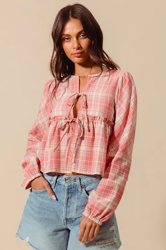 SO ME Front Tie Checkered Plaid Blouse-Blouses-Trendsi-[option4]-[option5]-[option6]-[option7]-[option8]-Shop-Boutique-Clothing-for-Women-Online