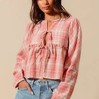 SO ME Front Tie Checkered Plaid Blouse-Blouses-Trendsi-[option4]-[option5]-[option6]-[option7]-[option8]-Shop-Boutique-Clothing-for-Women-Online