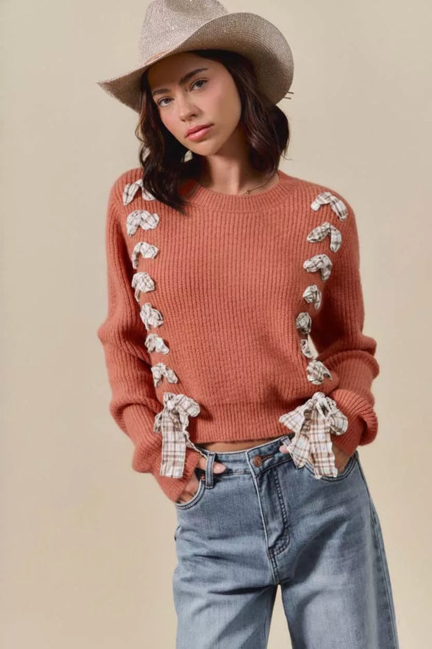 SO ME Checkered Plaid Tape Lace Up Ribbed Sweater-sweater-Trendsi-[option4]-[option5]-[option6]-[option7]-[option8]-Shop-Boutique-Clothing-for-Women-Online