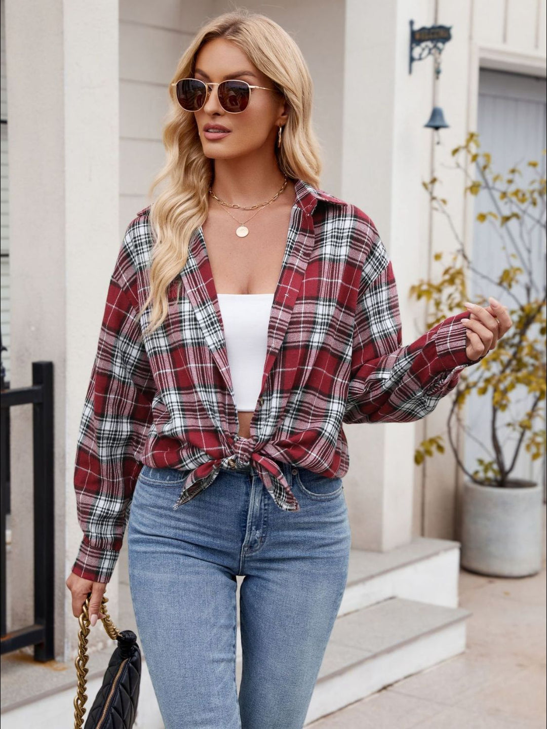 Mandy Pocketed Plaid Collared Neck Long Sleeve Shirt-Trendsi-Burgundy-S-[option4]-[option5]-[option6]-[option7]-[option8]-Shop-Boutique-Clothing-for-Women-Online