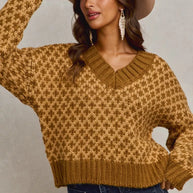 SO ME Color Block Textured Christmas Sweater V Neck Top-Sweaters-Trendsi-[option4]-[option5]-[option6]-[option7]-[option8]-Shop-Boutique-Clothing-for-Women-Online