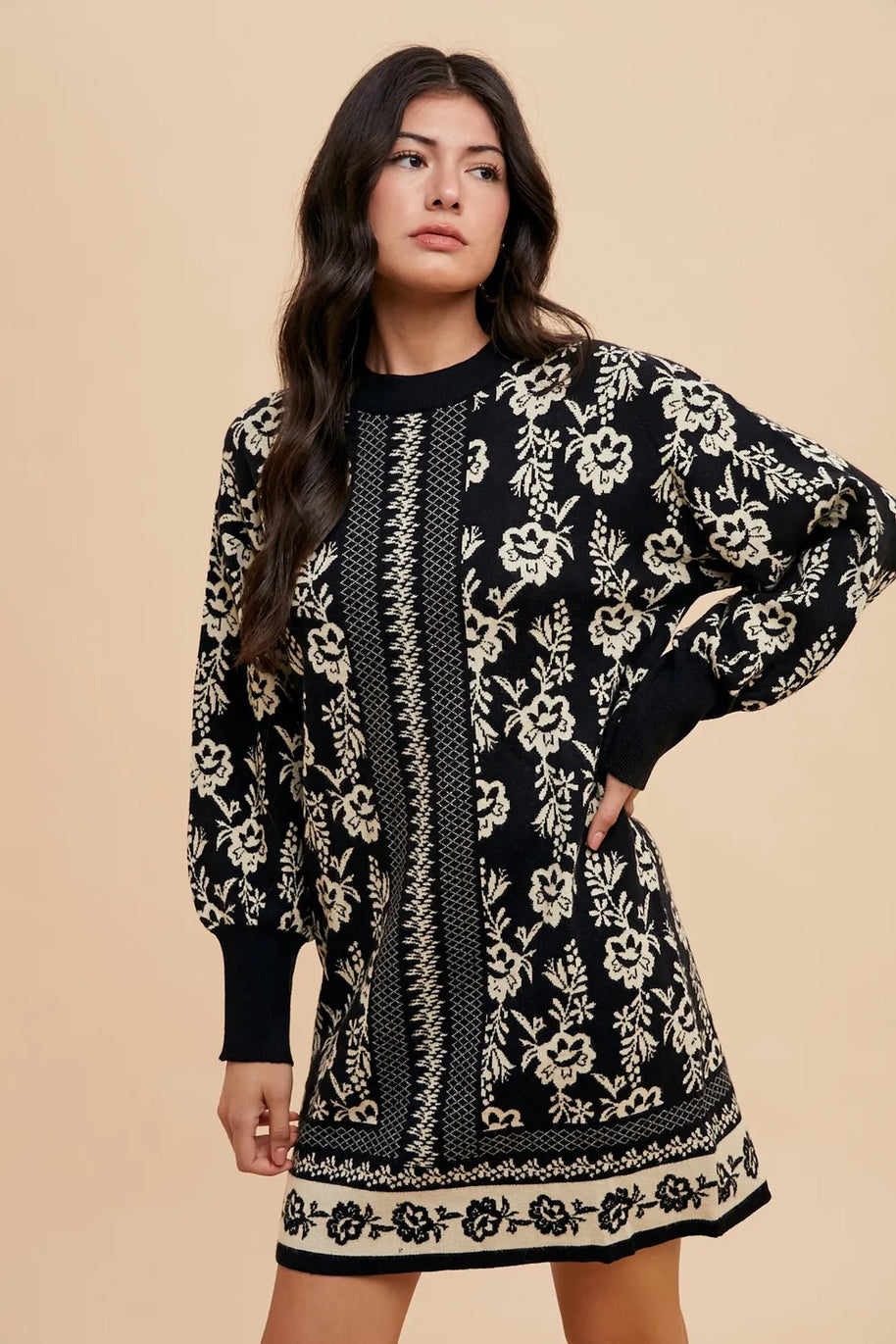 Annie Wear Floral Jacquard Round Neck Sweater Dress-Dresses-Trendsi-[option4]-[option5]-[option6]-[option7]-[option8]-Shop-Boutique-Clothing-for-Women-Online