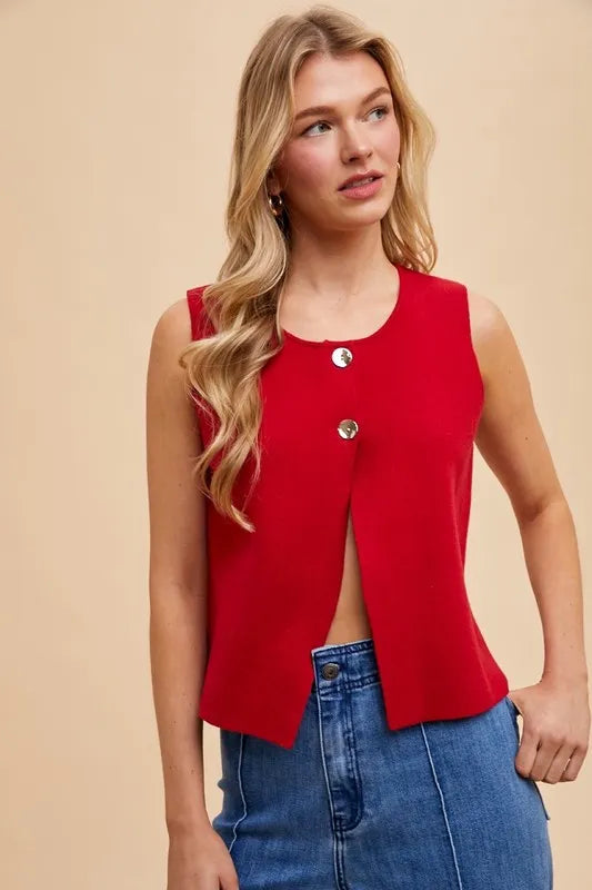 Annie Wear Metal Button Detail Crop Sweater Vest-Vest-Trendsi-[option4]-[option5]-[option6]-[option7]-[option8]-Shop-Boutique-Clothing-for-Women-Online