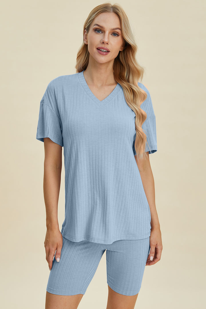 Basic Bae Ribbed V-Neck Short Sleeve Top and Shorts Set-Trendsi-Light Blue-S-[option4]-[option5]-[option6]-[option7]-[option8]-Shop-Boutique-Clothing-for-Women-Online