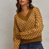 SO ME Color Block Textured Christmas Sweater V Neck Top-Sweaters-Trendsi-[option4]-[option5]-[option6]-[option7]-[option8]-Shop-Boutique-Clothing-for-Women-Online