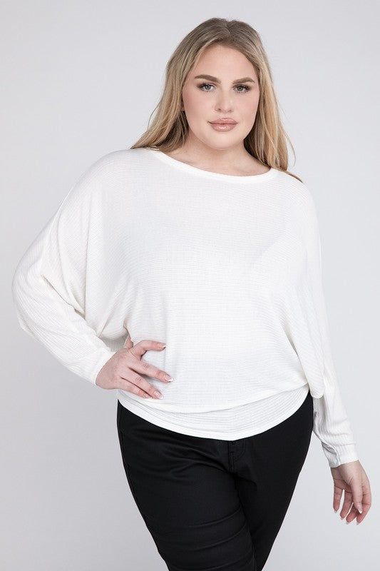 Zenana Plus Ribbed Batwing Long Sleeve Boat Neck Sweater-ZENANA-[option4]-[option5]-[option6]-[option7]-[option8]-Shop-Boutique-Clothing-for-Women-Online