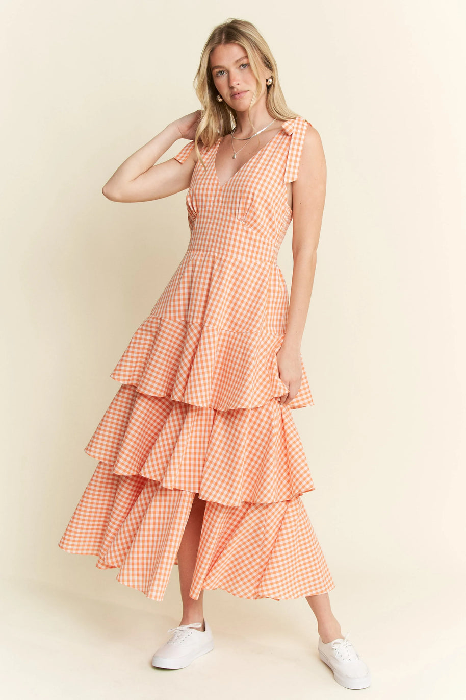 Jade By Jane Sleeveless Gingham Print Tiered Midi Dress-Dresses-Trendsi-[option4]-[option5]-[option6]-[option7]-[option8]-Shop-Boutique-Clothing-for-Women-Online