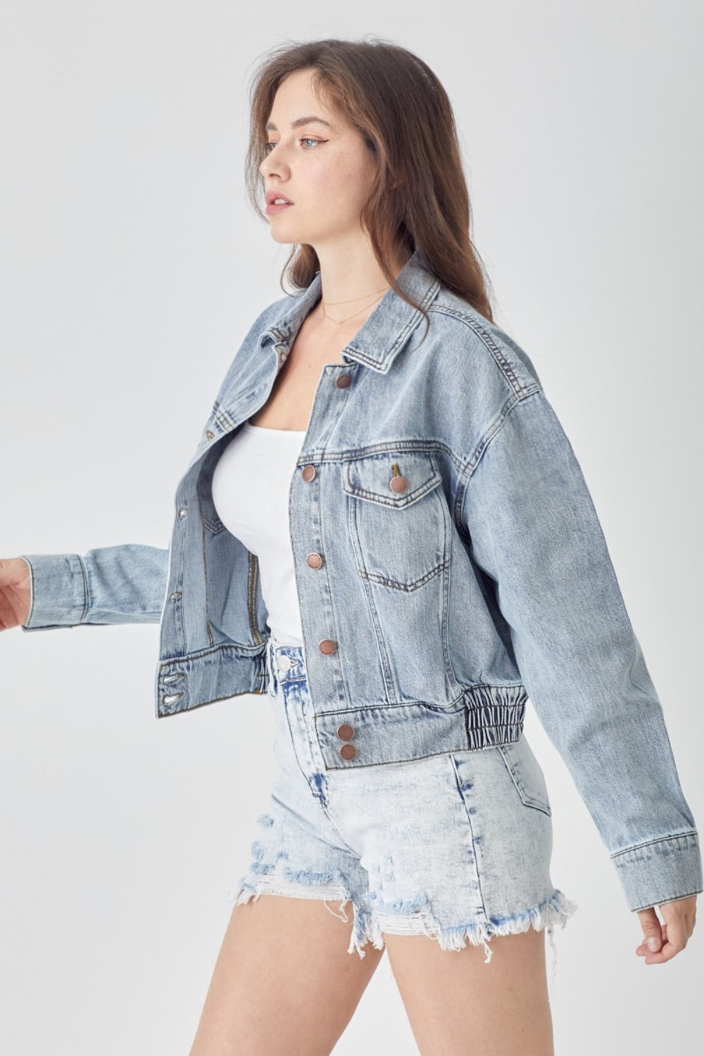 RISEN Button Down Cropped Denim Jacket-Trendsi-[option4]-[option5]-[option6]-[option7]-[option8]-Shop-Boutique-Clothing-for-Women-Online