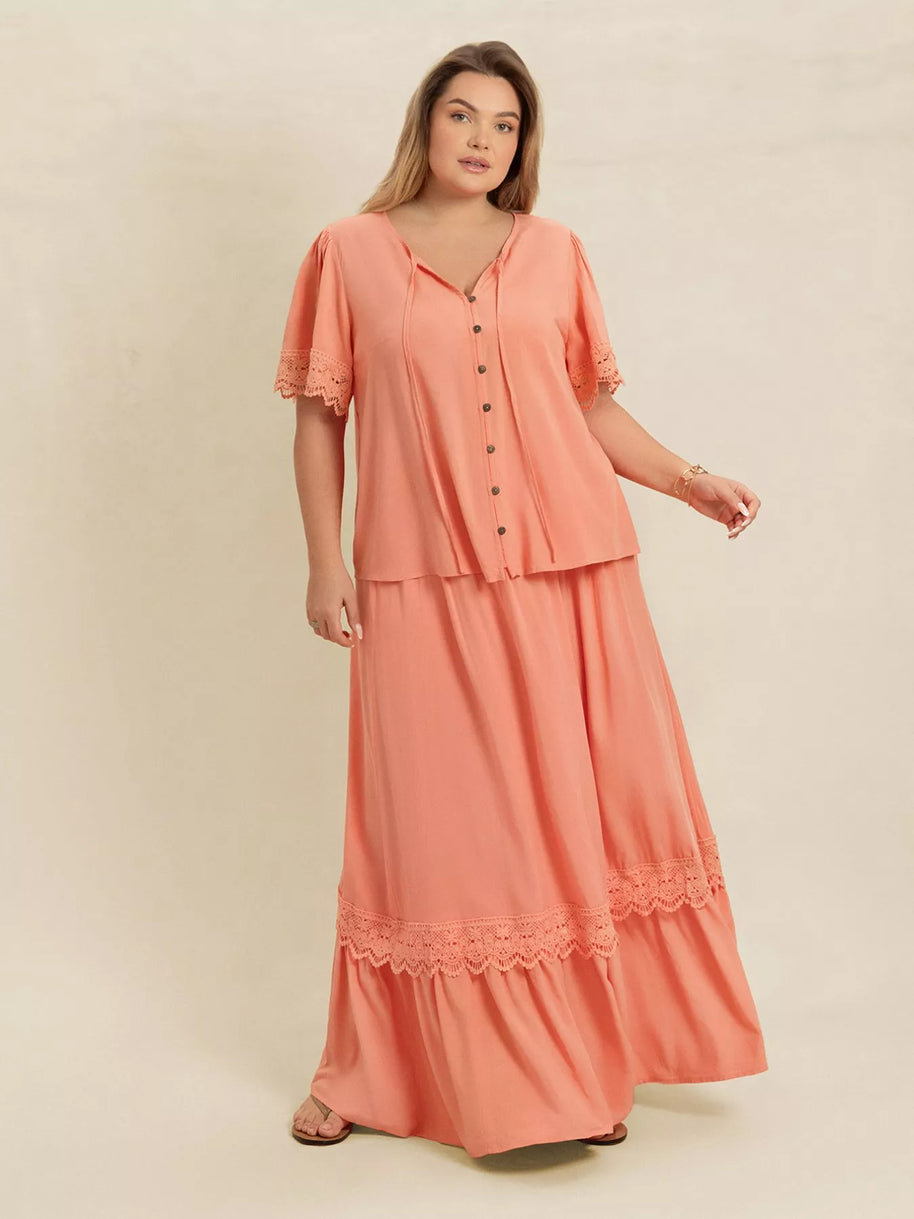 Plus Size Lace Detail Tie Neck Top and Skirt Set-2 piece set-Trendsi-Coral-0XL-[option4]-[option5]-[option6]-[option7]-[option8]-Shop-Boutique-Clothing-for-Women-Online