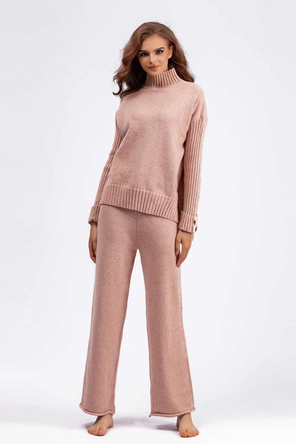 Basic Bae High- Low Turtleneck Long Sleeve Top and Pants Sweater Set-Trendsi-Apricot-One Size-[option4]-[option5]-[option6]-[option7]-[option8]-Shop-Boutique-Clothing-for-Women-Online