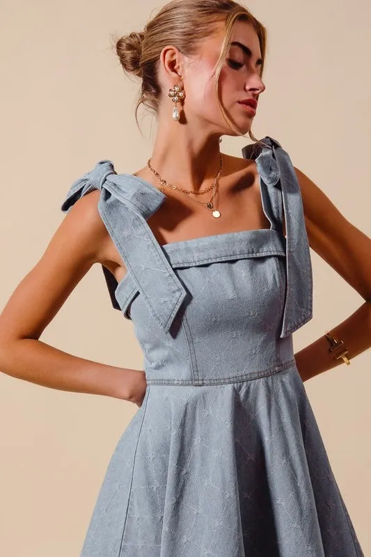 SO ME A Line Fit and Flare Diamond Bow Ribbon Denim Dres-Dresses-Trendsi-[option4]-[option5]-[option6]-[option7]-[option8]-Shop-Boutique-Clothing-for-Women-Online