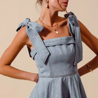 SO ME A Line Fit and Flare Diamond Bow Ribbon Denim Dres-Dresses-Trendsi-[option4]-[option5]-[option6]-[option7]-[option8]-Shop-Boutique-Clothing-for-Women-Online