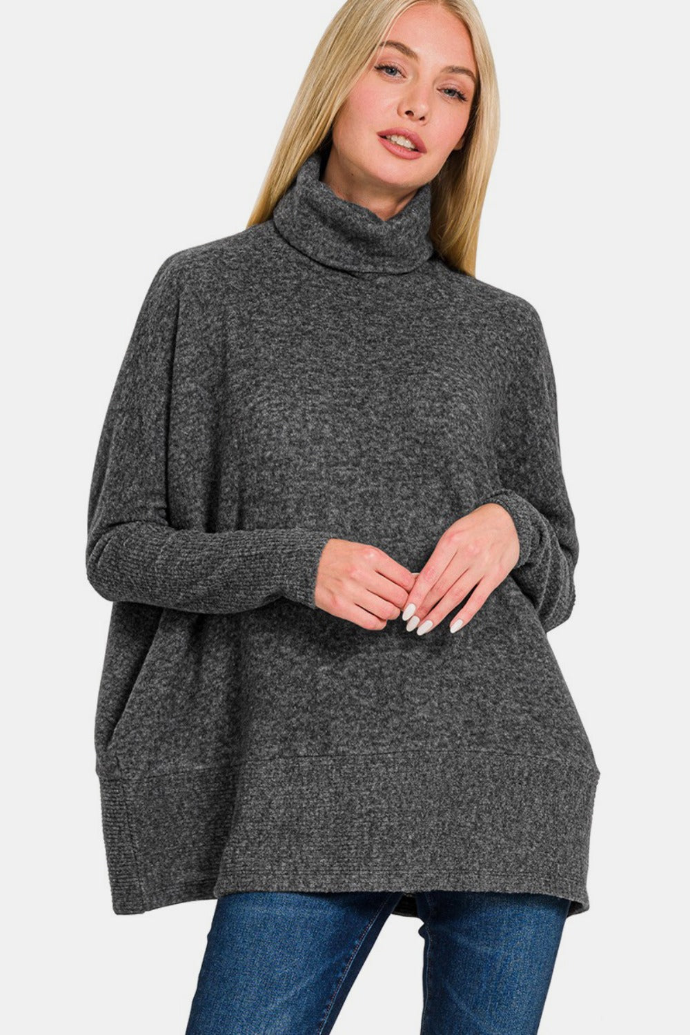 Zenana Brushed Melange Hacci Turtleneck Sweater-Trendsi-Black-S/M-[option4]-[option5]-[option6]-[option7]-[option8]-Shop-Boutique-Clothing-for-Women-Online