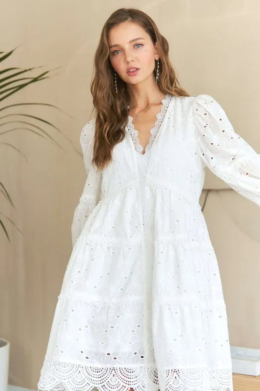 ADORA Lace Detail Tiered Eyelet V-Neck Babydoll Dress-Dresses-Trendsi-[option4]-[option5]-[option6]-[option7]-[option8]-Shop-Boutique-Clothing-for-Women-Online