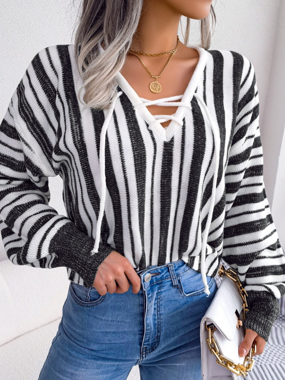 Striped Lace-Up Long Sleeve Sweater-Trendsi-[option4]-[option5]-[option6]-[option7]-[option8]-Shop-Boutique-Clothing-for-Women-Online