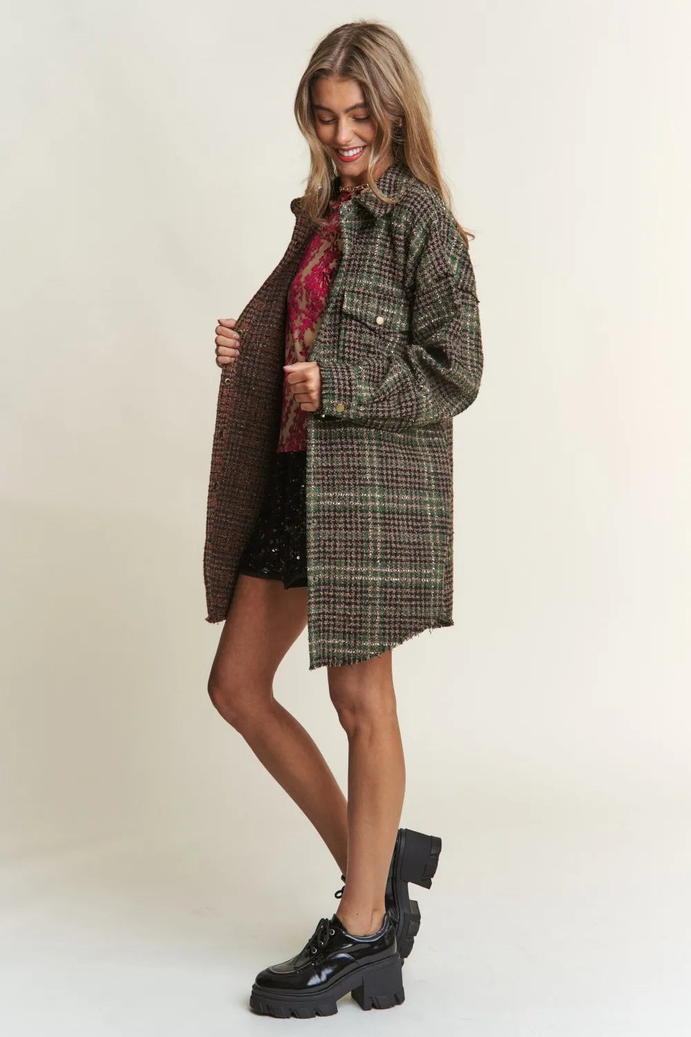 J.NNA Snap Down Tweed Plaid Contrast Longline Shacket-Womens Outerwear/Shacket-Trendsi-[option4]-[option5]-[option6]-[option7]-[option8]-Shop-Boutique-Clothing-for-Women-Online
