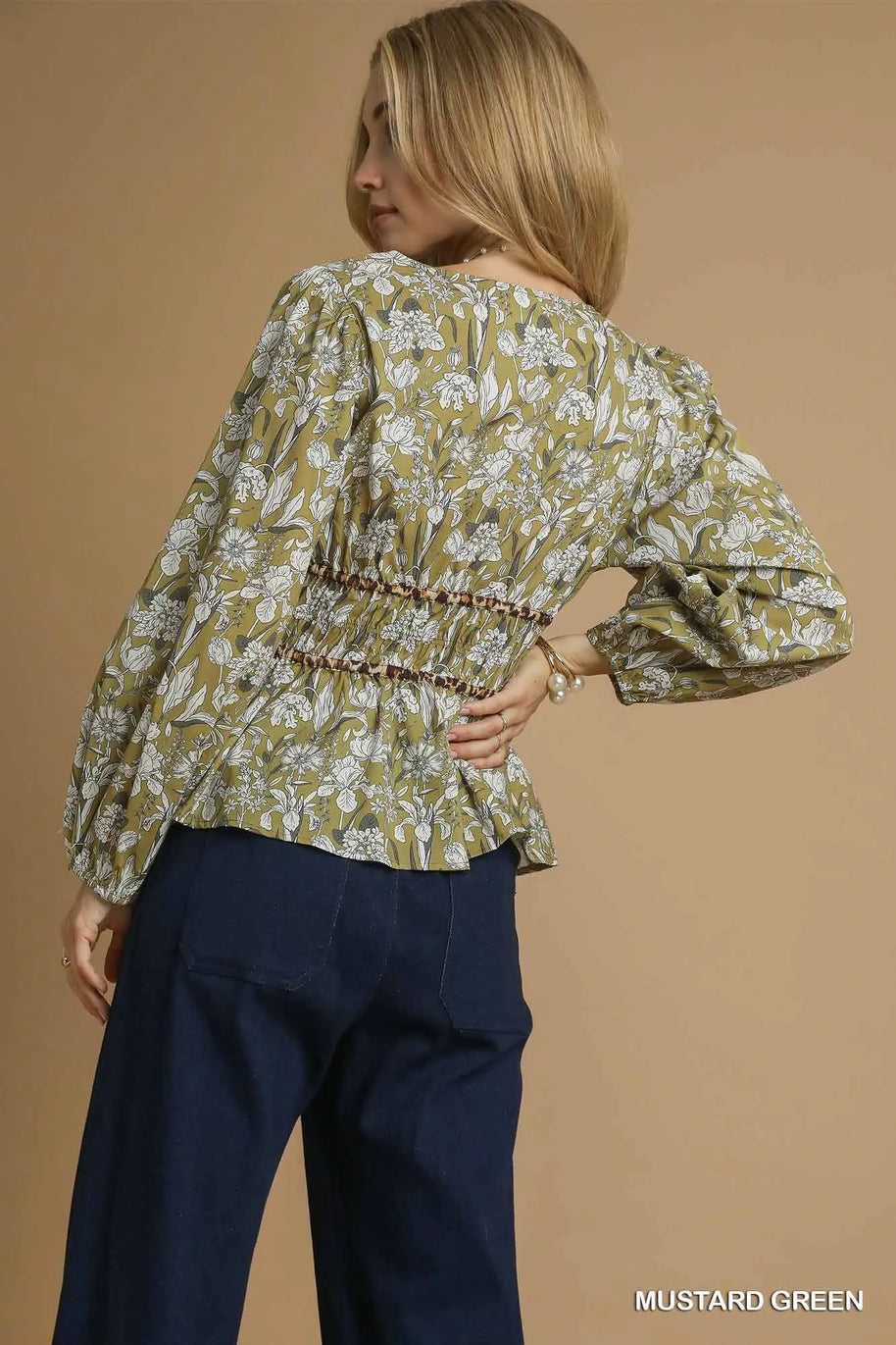 Umgee Floral Smocked Peplum Blouse with Tie Detail-Tops-Trendsi-[option4]-[option5]-[option6]-[option7]-[option8]-Shop-Boutique-Clothing-for-Women-Online