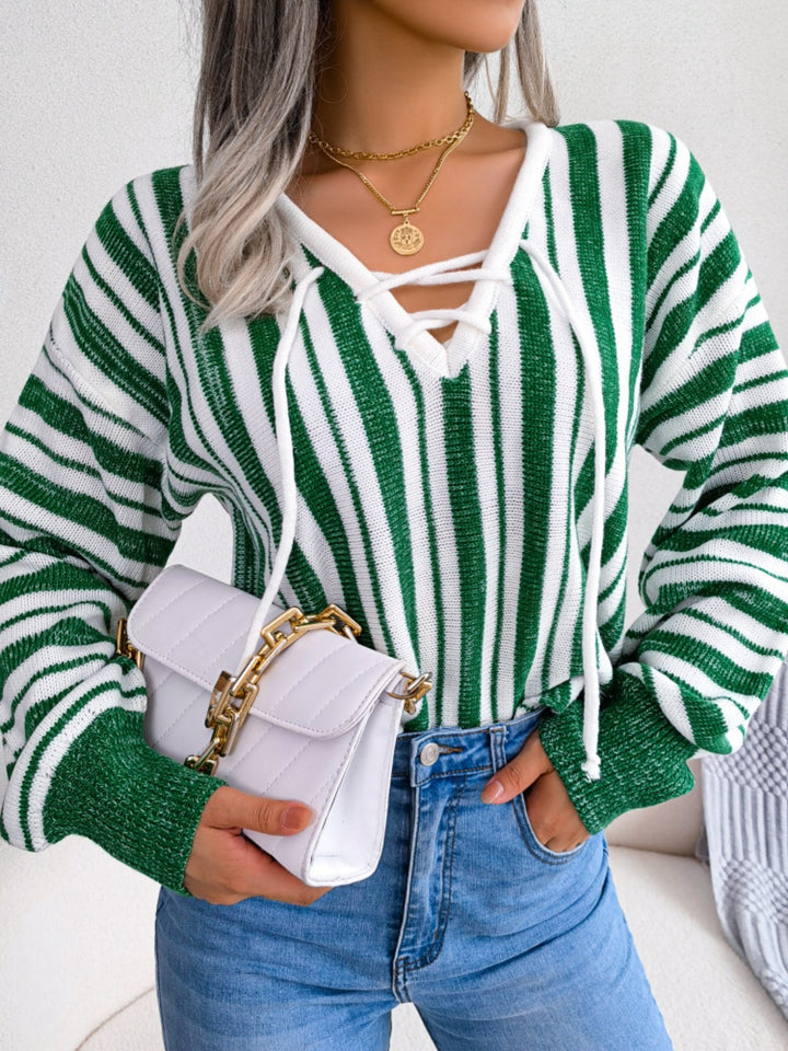 Striped Lace-Up Long Sleeve Sweater-Trendsi-[option4]-[option5]-[option6]-[option7]-[option8]-Shop-Boutique-Clothing-for-Women-Online