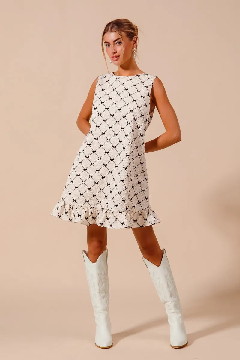 SO ME Texture Bow Printed Mini Ruffle Dress-Dresses-Trendsi-[option4]-[option5]-[option6]-[option7]-[option8]-Shop-Boutique-Clothing-for-Women-Online
