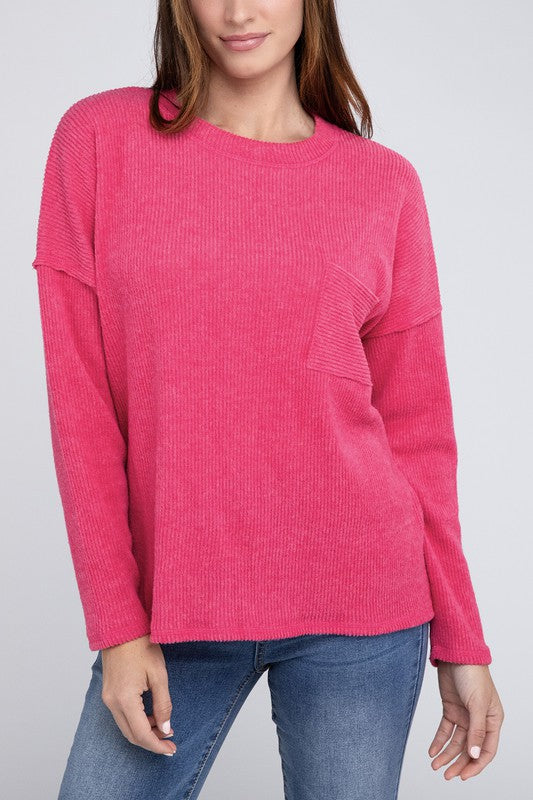 Zenana Ribbed Brushed Melange Hacci Sweater with a Pocket-ZENANA-FUCHSIA-S-[option4]-[option5]-[option6]-[option7]-[option8]-Shop-Boutique-Clothing-for-Women-Online