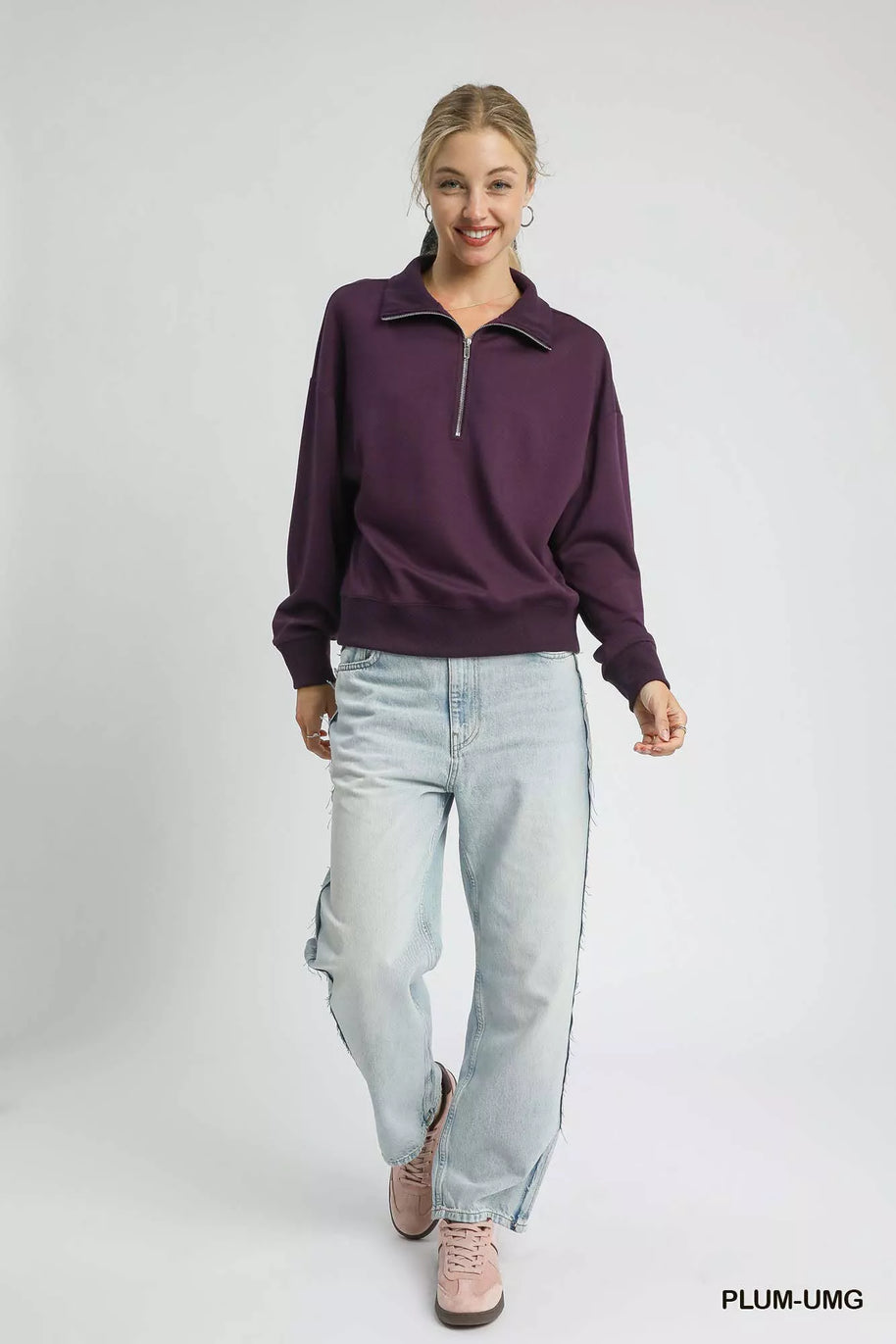 Umgee Half Zip Drop Shoulder Sweatshirt-Sweatshirts-Trendsi-[option4]-[option5]-[option6]-[option7]-[option8]-Shop-Boutique-Clothing-for-Women-Online