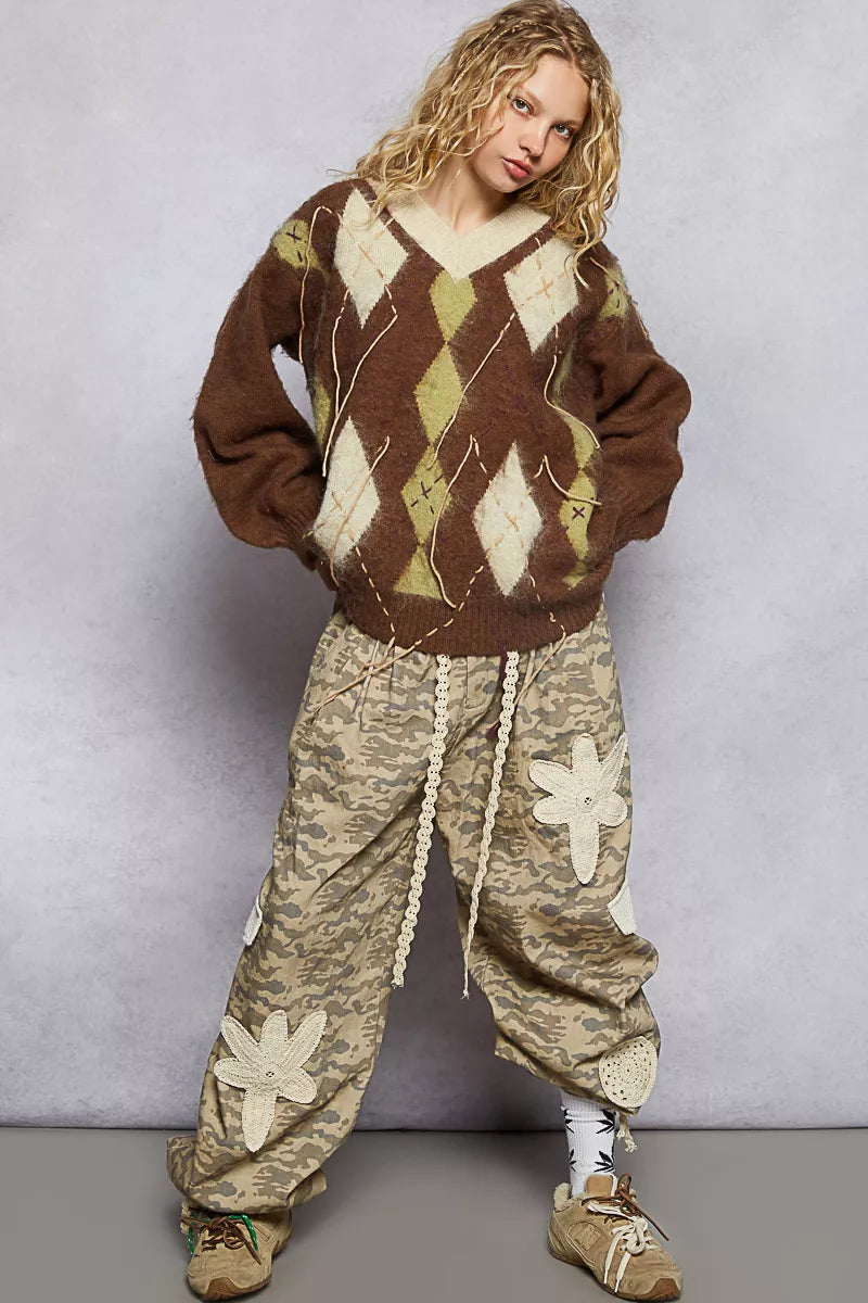 POL V-Neck Argyle Pattern Mohair Sweater with Contrast Exposed Stitch Detail-sweater-Trendsi-[option4]-[option5]-[option6]-[option7]-[option8]-Shop-Boutique-Clothing-for-Women-Online