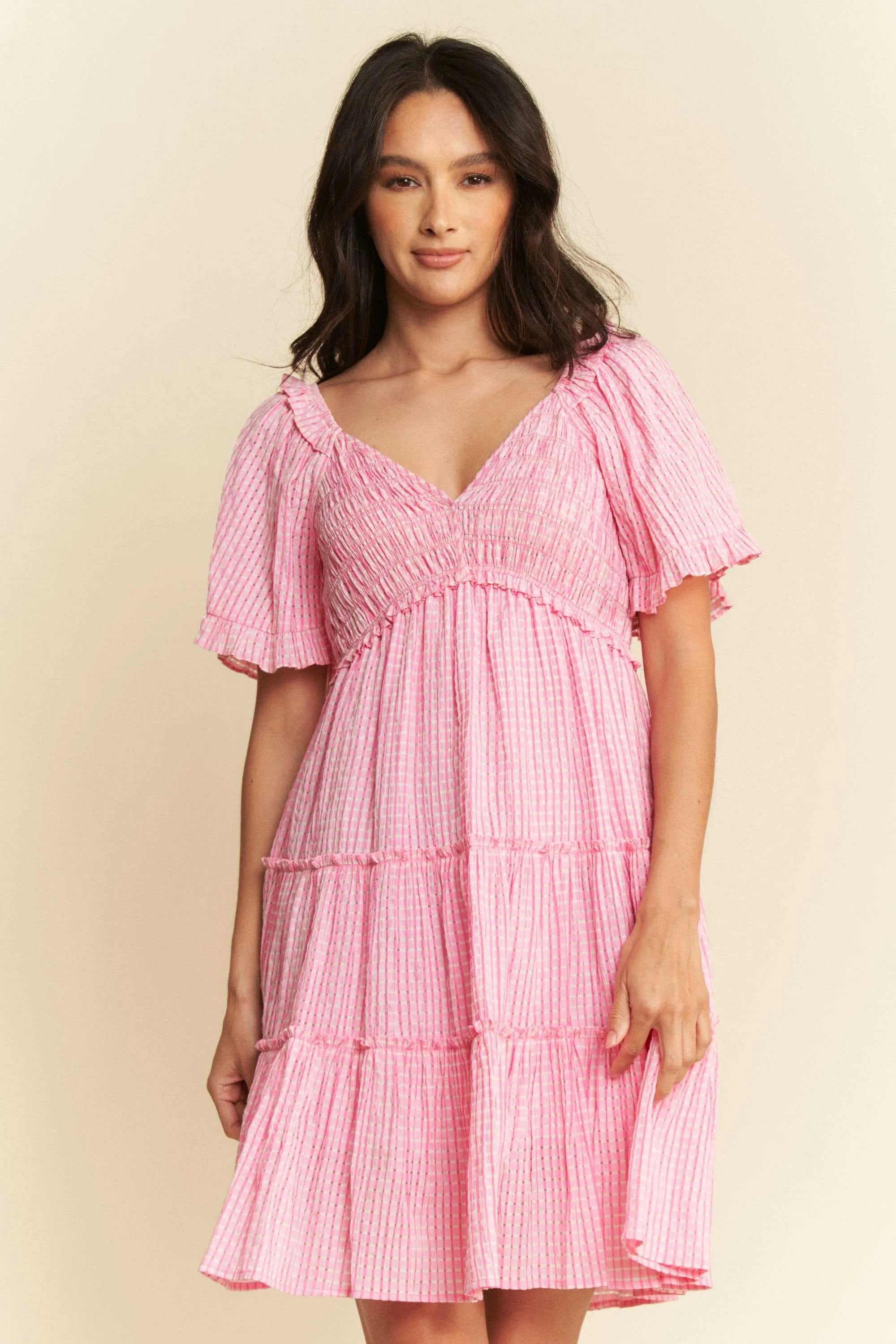 Davi & Dani Jacquard Checker Smocking Tiered Dress-Dresses-Trendsi-[option4]-[option5]-[option6]-[option7]-[option8]-Shop-Boutique-Clothing-for-Women-Online