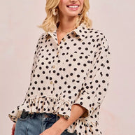 BiBi Polka Dot Printed Peplum Top with Front Button-Blouses-Trendsi-[option4]-[option5]-[option6]-[option7]-[option8]-Shop-Boutique-Clothing-for-Women-Online