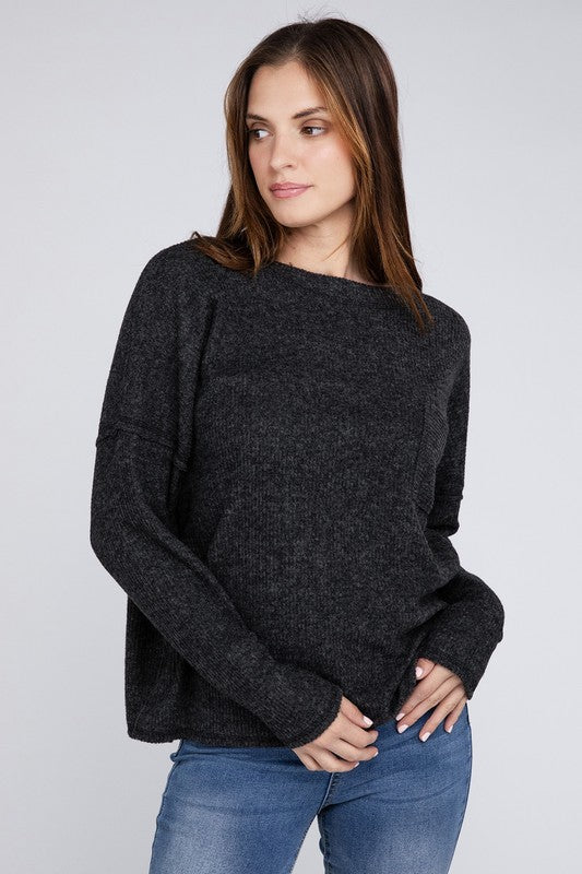 Zenana Ribbed Brushed Melange Hacci Sweater with a Pocket-ZENANA-[option4]-[option5]-[option6]-[option7]-[option8]-Shop-Boutique-Clothing-for-Women-Online