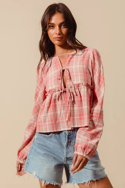 SO ME Front Tie Checkered Plaid Blouse-Blouses-Trendsi-[option4]-[option5]-[option6]-[option7]-[option8]-Shop-Boutique-Clothing-for-Women-Online