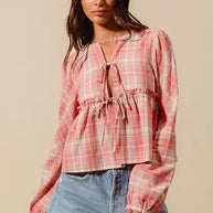 SO ME Front Tie Checkered Plaid Blouse-Blouses-Trendsi-[option4]-[option5]-[option6]-[option7]-[option8]-Shop-Boutique-Clothing-for-Women-Online