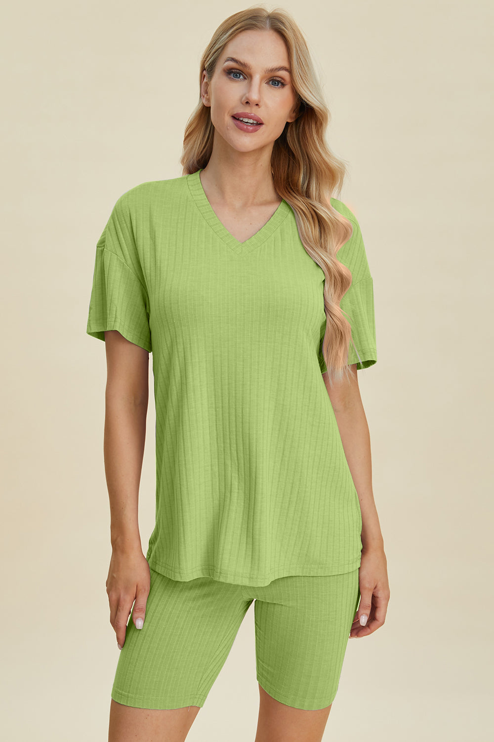 Basic Bae Ribbed V-Neck Short Sleeve Top and Shorts Set-Trendsi-Yellow-Green-S-[option4]-[option5]-[option6]-[option7]-[option8]-Shop-Boutique-Clothing-for-Women-Online