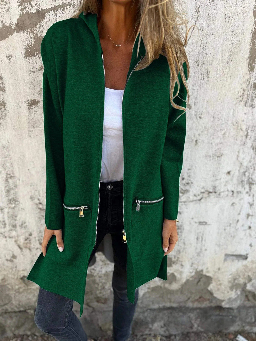 Zip Up Drop Shoulder Longline Hooded Jacket-Trendsi-Dark Green-S-[option4]-[option5]-[option6]-[option7]-[option8]-Shop-Boutique-Clothing-for-Women-Online