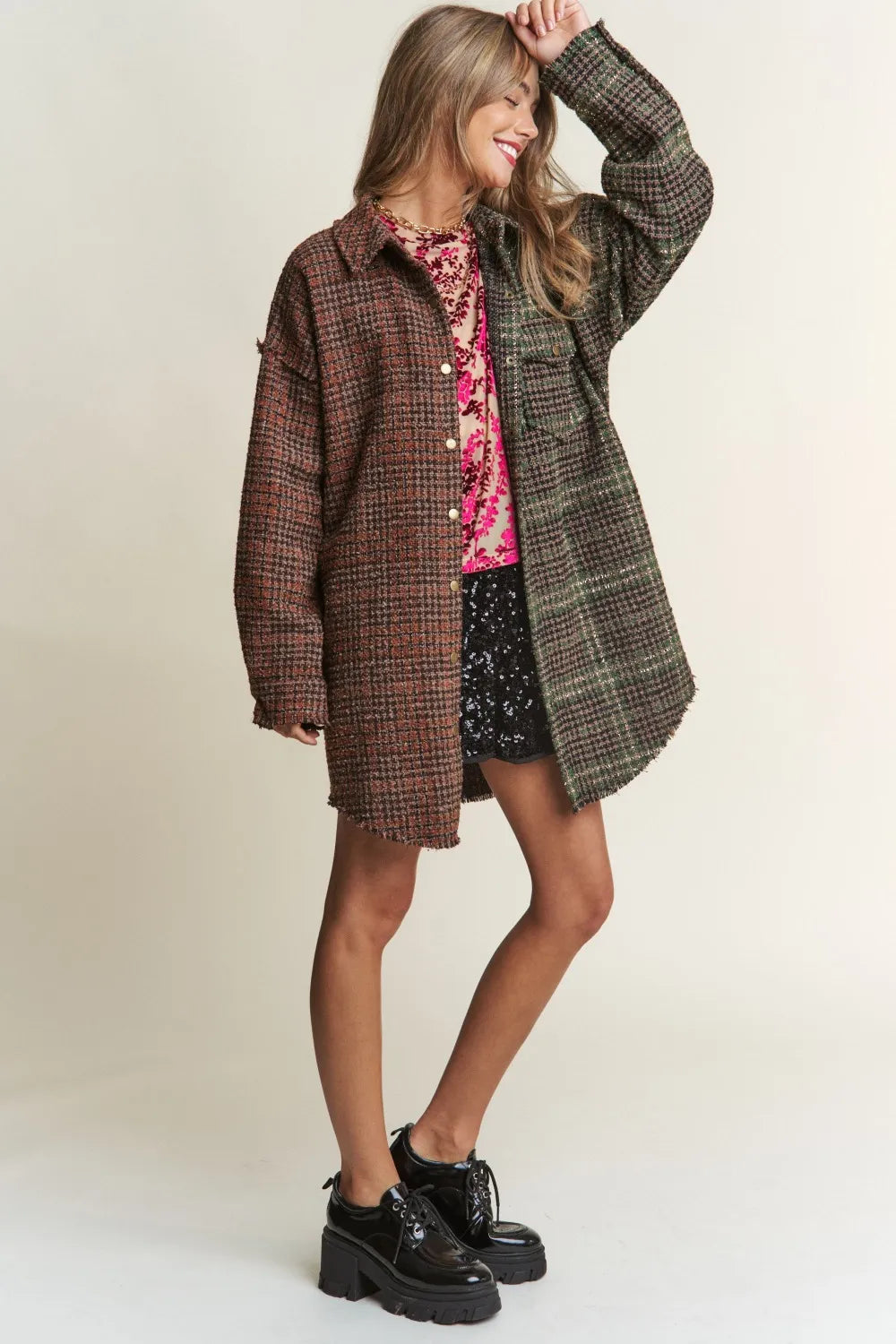 J.NNA Snap Down Tweed Plaid Contrast Longline Shacket-Womens Outerwear/Shacket-Trendsi-[option4]-[option5]-[option6]-[option7]-[option8]-Shop-Boutique-Clothing-for-Women-Online