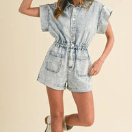 Annie Wear Elastic Waistband Short Sleeve Denim Romper-Rompers-Trendsi-[option4]-[option5]-[option6]-[option7]-[option8]-Shop-Boutique-Clothing-for-Women-Online