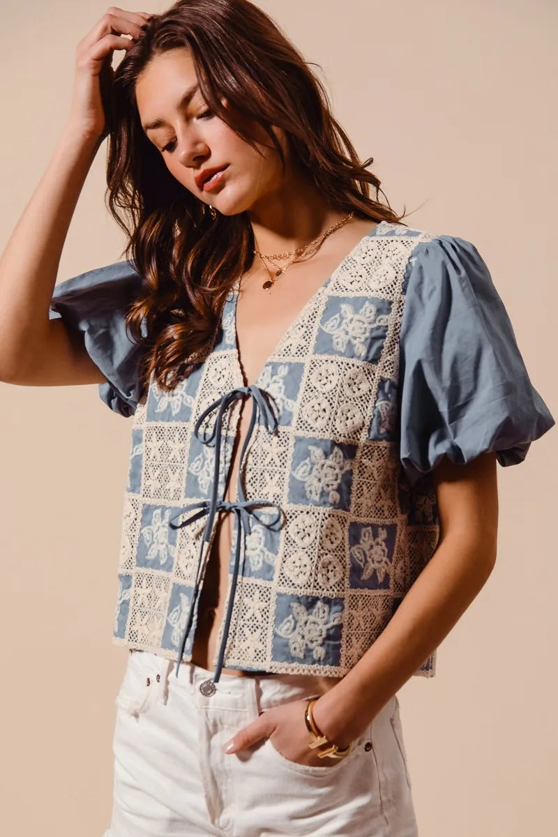 SO ME Crochet Lace Tie Front V Neck Blouse Top-Blouses-Trendsi-[option4]-[option5]-[option6]-[option7]-[option8]-Shop-Boutique-Clothing-for-Women-Online