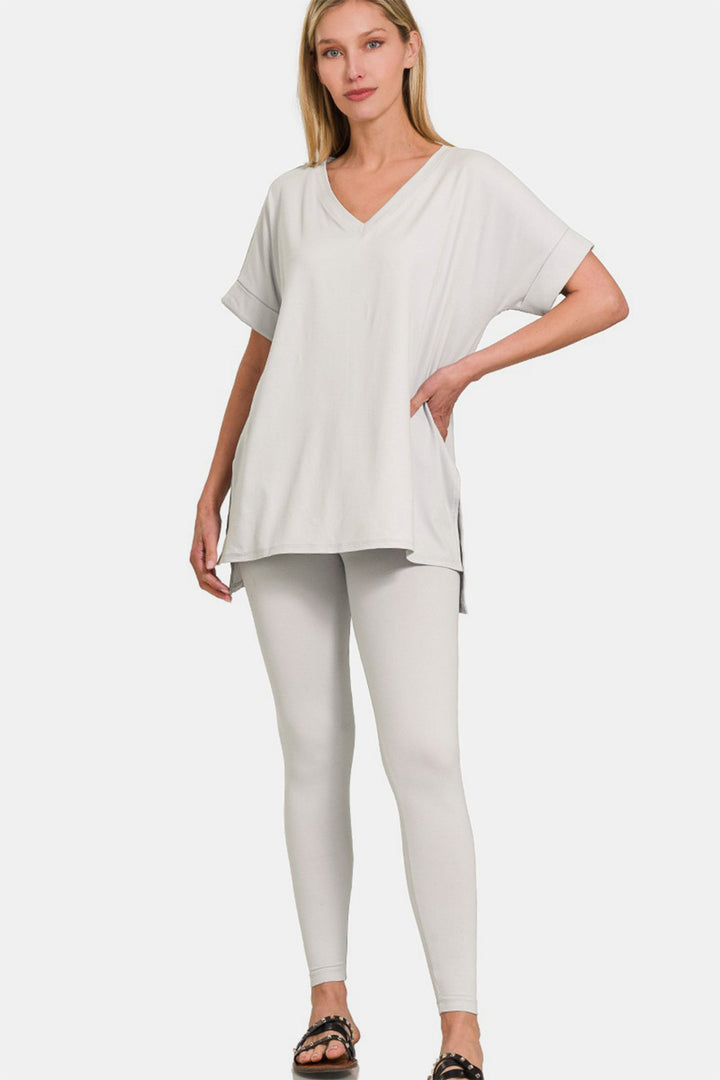 Zenana V-Neck Rolled Short Sleeve T-Shirt and Leggings Lounge Set-Trendsi-Lt Cement-S-[option4]-[option5]-[option6]-[option7]-[option8]-Shop-Boutique-Clothing-for-Women-Online