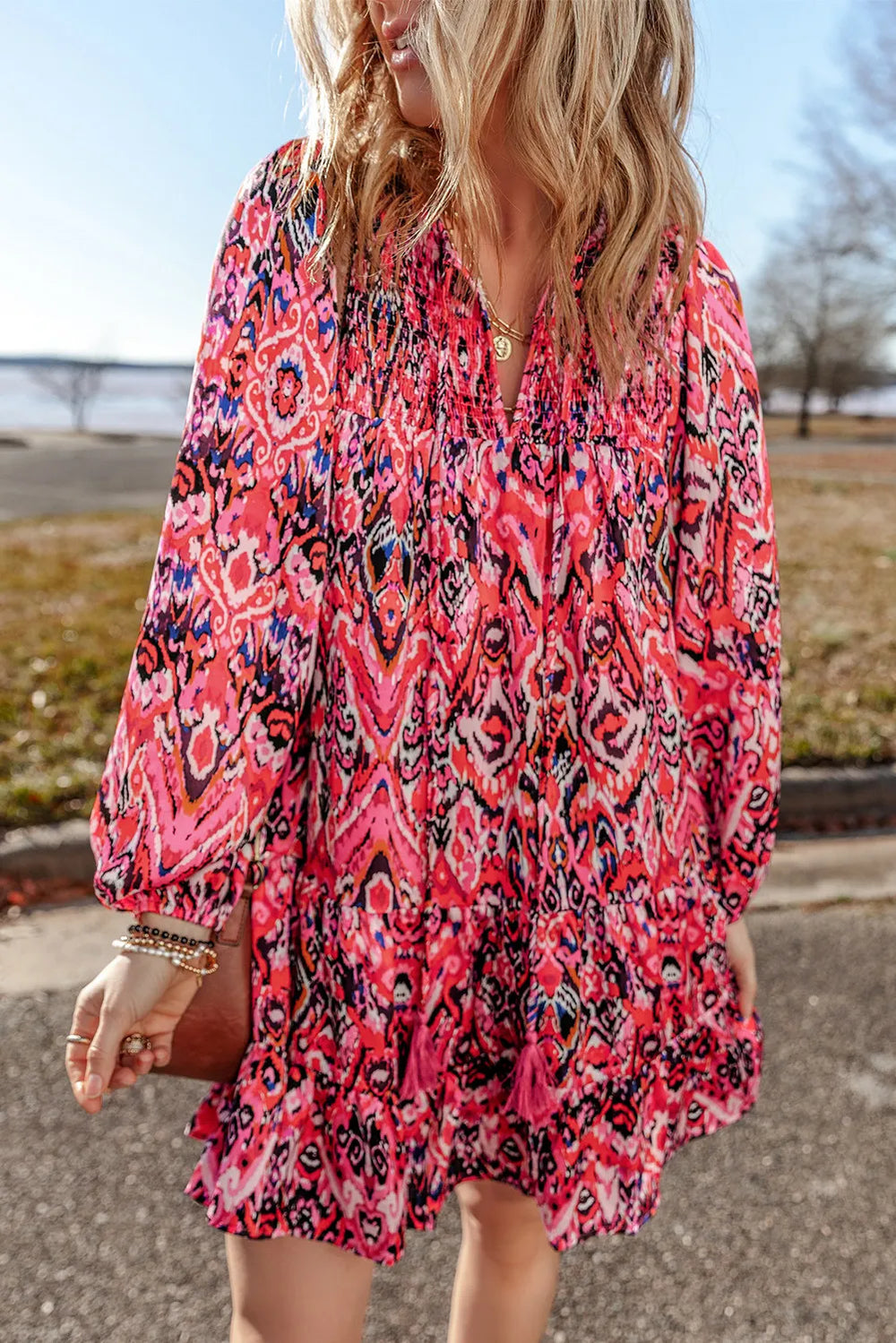 Tassel Printed Tie Neck Long Sleeve Dress-Trendsi-Strawberry-S-[option4]-[option5]-[option6]-[option7]-[option8]-Shop-Boutique-Clothing-for-Women-Online