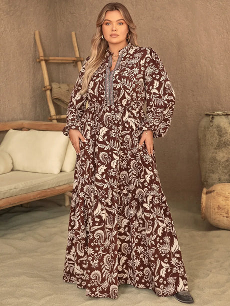 Plus Size Notched Balloon Sleeve Printed Maxi Dress-Dresses-Trendsi-[option4]-[option5]-[option6]-[option7]-[option8]-Shop-Boutique-Clothing-for-Women-Online
