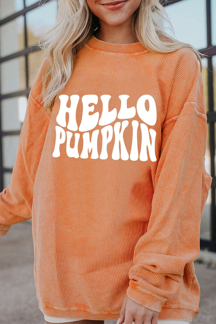 Round Neck Dropped Shoulder HELLO PUMPKIN Ribbed Graphic Sweatshirt-Trendsi-Caramel-S-[option4]-[option5]-[option6]-[option7]-[option8]-Shop-Boutique-Clothing-for-Women-Online