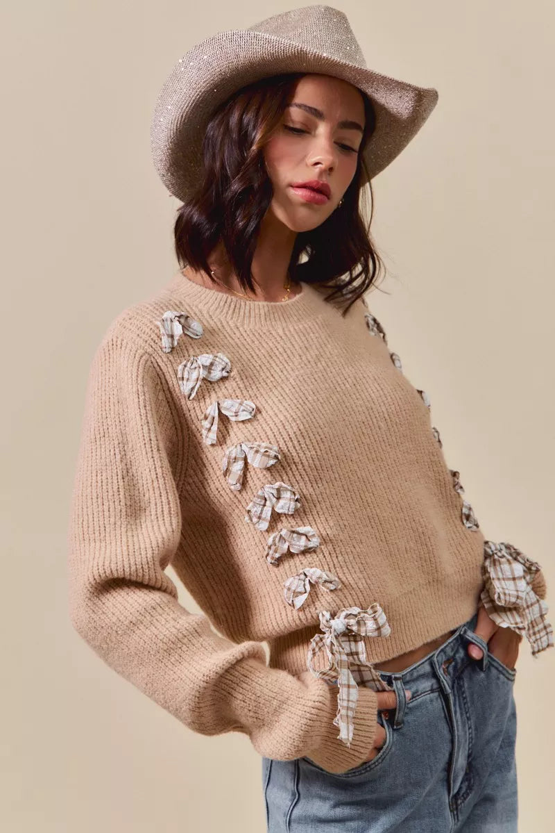 SO ME Checkered Plaid Tape Lace Up Ribbed Sweater-Sweaters-Trendsi-[option4]-[option5]-[option6]-[option7]-[option8]-Shop-Boutique-Clothing-for-Women-Online