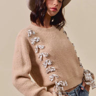 SO ME Checkered Plaid Tape Lace Up Ribbed Sweater-Sweaters-Trendsi-[option4]-[option5]-[option6]-[option7]-[option8]-Shop-Boutique-Clothing-for-Women-Online